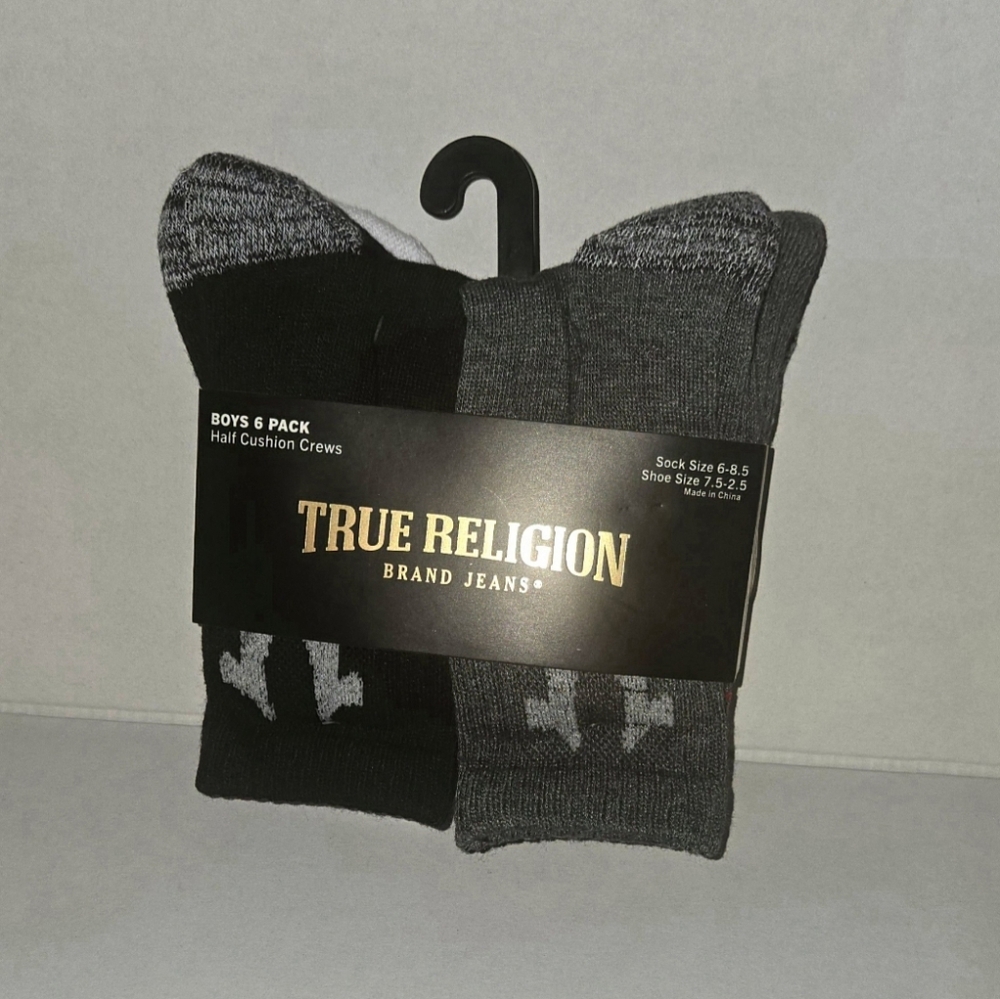 True Religion Boys 6pack half cushion Crew Sock Size 6-8.5